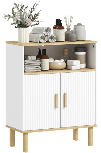 HOMCOM Mobile da Bagno Stretto, Mobile Bagno Autoportante con Ripiano Aperto e Ripiano Regolabile, Moderno per Soggiorno, Bianco e Legno Naturale