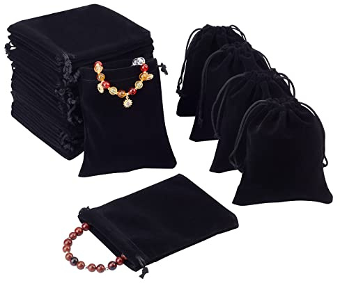 PandaHall Elite 50 Pcs Rectángulo Bolsas de Terciopelo, Bolsas de Cordón, Bolsas de Regalo, Negro, 12x10cm