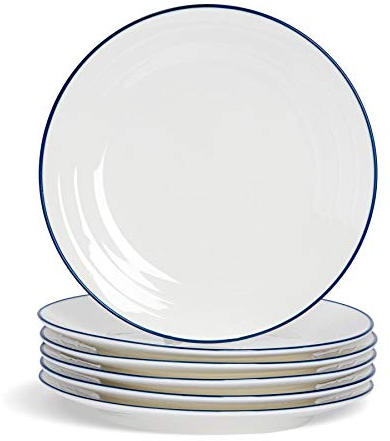 Nicola Spring Farmhouse Dinner Plates 10 Inch (26cm) - Set of 6 White Porcelain Rustic Country Cottage Kitchen Tableware with Rolled Rims & Embossed Rings