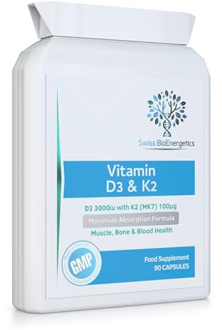 Vitamin D 3,000 IU & Vitamin K2 100ug MK7 Vegetarian Capsules - 90-Day Supply of Vitamin D3 Supplement Source of Cholecalciferol – Exclusively Manufactured in the UK for Maximum Absorption