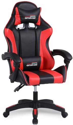 Amstrad AMS-800-RED Fauteuil/Chaise de Bureau Gamer Coloris Noir & Rouge - Coussin Lombaire