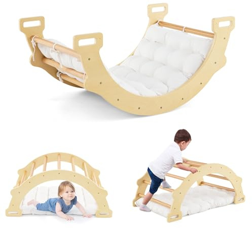 COSTWAY Triángulo de Escalada 2 en 1 con Cojín Suave, Arco de Escalada de Doble Cara, Juguete de Escalada y Balancín de Madera para Niños de 1 + Años para Jardines de Infantes (Natural)