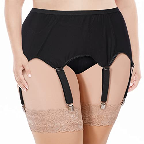 Moon Woon Damen Strapsgürtel Set Große Größen mit 4 Strumpfhalter und Vintage Metallclip Dessous Set ink Strumpfband Hosenträger Hüfthalter Schwarz 2XL/3XL