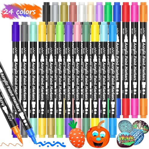 Koncci Acrylstifte für Steine Wasserfest, 24 Farben Steine Bemalen Stifte Doppelspitzen, Acrylstifte für Holz, Leinwand, Glas, Papier, Keramik, DIY Fotoalben