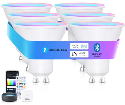 Aigostar Mesh - 6.5W GU10 Alexa Glühbirne Bluetooth Mesh, Smarte Glühbirne Funktioniert mit Alexa, Smart LED Bulb 555LM RGB & CCT(2700K-6500K), 6 Stücke (mit Bluetooth-Fernbedienung und Gateway)