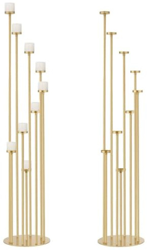 Fullvaseer 2pcs 9 Arm Candelabra,Floor Candle Holders Tall Set for Wedding Aisle Decoration,Gold Candelabras for Fireplace,Candle Stand Fit for Flameless or Wax