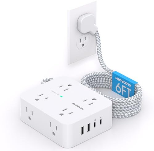 PD 30W USB C Power Strip Surge Protecor, HANYCONY 8 Outlets 4 USB(2 USB C Ports), 1080J Desk Charging Station for Multiple Devices, 6 Ft Flat Plug Extension Cord for College Dorm Room Essentials