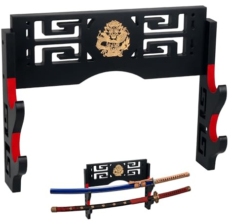 Alyoen Sword Display Katana Wall Mount, 2-Tier Samurai Sword Katana Holder Stand with Velvet Padded Hook & Dragon Pattern, Sword Rack for Wakizashi Samurai Lightsaber
