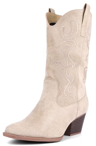 Bandkos Women's Cowboy Boots Faux Suede Embroide Pointed Thick Heeled Western Wide Calf Cowgirl Ponited Toe Mid Calf Boots, Beige, 5 UK