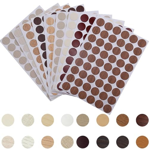 QSLKI 864 Pièces Autocollants pour Trous de vis, 16 Feuilles Cache Vis Auto-adhésif Imperméable en PVC, 21 mm Texture du Bois Cache-Trous de vis, pour Armoires Tiroir Table Meubles Armoire Chaise
