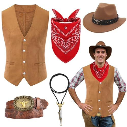 Set di 5 pezzi per costume da cowboy occidentale, costume elegante da cowboy con gilet, cappello a tesa larga, cintura, bandana e collana con testa di toro, per uomini adulti, carnevale, cosplay