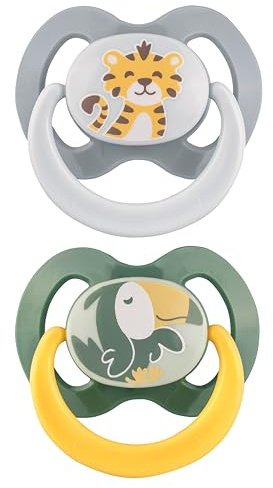 babynova Set de 2 Chupetes de Silicona con Caja de Esterilización - Talla 2, 6-18 Meses - Chupete Ortodóntico - Sin BPA - Tigre & Pájaro