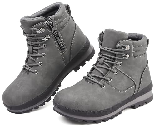 Bottes de marche pour femme - Bottes de randonnée imperméables - Bottes mi-mollet à lacets avec fermeture éclair - Légères et antidérapantes - Bottes de travail pour femme, gris, 7.5 UK
