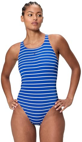 Speedo Women's End+ Print Medalist One Piece Swimsuit, Blue/White, 34