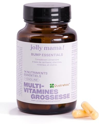 Jolly mama! Bump Essentials | Multi-Vitamines Grossesse | Avec Choline et Vitamine B9 Active Quatrefolic | Fabriqué en France | 100% Vegan I Cure 1 Mois, 60 Gélules