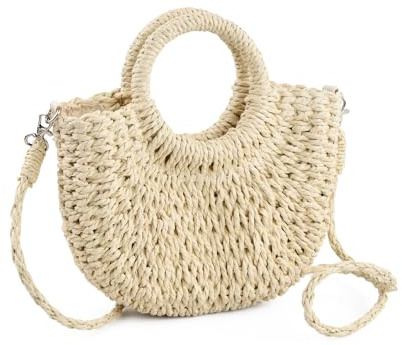 Bolso de Rafia para Mujer Estilo Boho, Bolso de Paja Tejido a Mano con Asa Superior y Correa Desmontable, Bolso de Mano Redondo para Playa, Vacaciones de Verano y Fiestas, Elegante y Ligero (Beige)