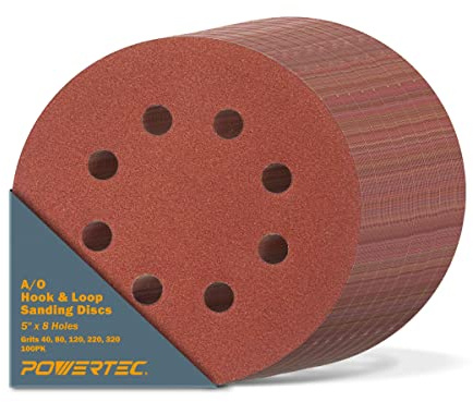 POWERTEC 100PK, 40/80/120/220/320 Grits, 5 Inch 8 Hole Hook and Loop Sanding Discs, Aluminum Oxide Sandpaper Discs, Woodworking Sanding Pads for Random Orbital, Palm, Air & Pneumatic Sander (45000)