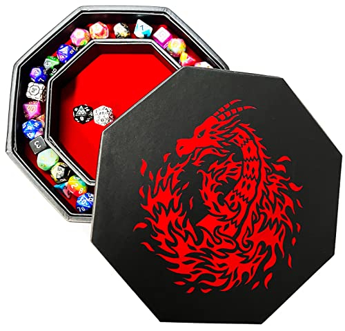 Fantasydice Red Fire Dragon Dice Tray with Lid – 23CM Octagon with Dice Staging Area, Holds 5 Dice Sets – Perfect for D&D, Call of Cthulhu, Shadowrun, and All Tabletop RPGs