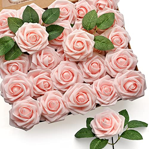 Mocoosy 50Pcs Artificial Roses Flowers, Blush Pink Roses Artificial Flowers Foam Fake Roses with Stem for Wedding Bridal Bouquets Party Centerpieces Artificial Flowers Crafts DIY Home Decoration
