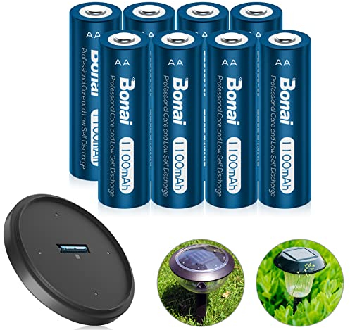 BONAI Pilas AA Recargables 1100mAh Traje For Luz Solar, Luz de Jardín, Baja Capacidad 1.2V NI-MH Precargadas Pilas Recargables AA Baja Autodescarga (8 Piezas)