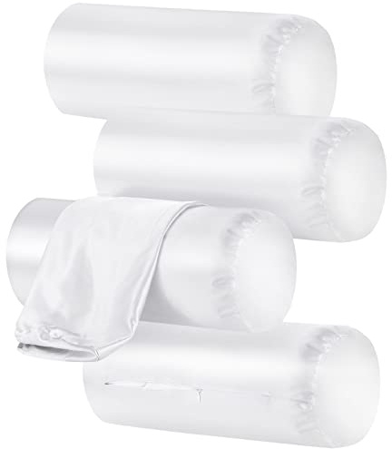Remerry 4 Pack 14 x 6 Inches White Neck Roll Pillow Case Cover Only Round Bolster Cervical Roll Satin Cylinder Pillow Case Cover with Zipper