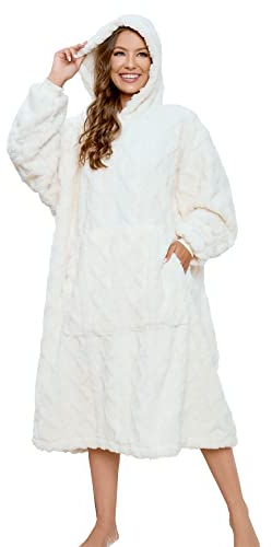 ililmmoe Sherpa tragbare Decke Übergroße Hoodie Sweatshirt TV Decke mit Langen Ärmeln und Tasche,Jacquard Milchweißer