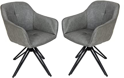 SAM 2er Set Drehstuhl Elbe, 180 Grad drehbar, Kunstlederbezug Anthrazit, Esszimmerstuhl/Armlehnstuhl mit kleinem Rauten-Muster außen, Metallgestell schwarz
