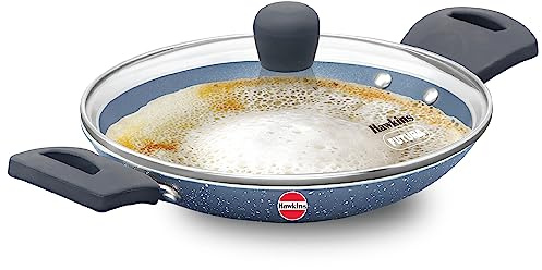 HAWKINS Nonstick Pro 0.9 Litre Appachatty, Mini Kadhai, Appachatti, Appachetty, Appam Pot Maker, Deep Fry Pan with Glass Lid, Granite Kadai