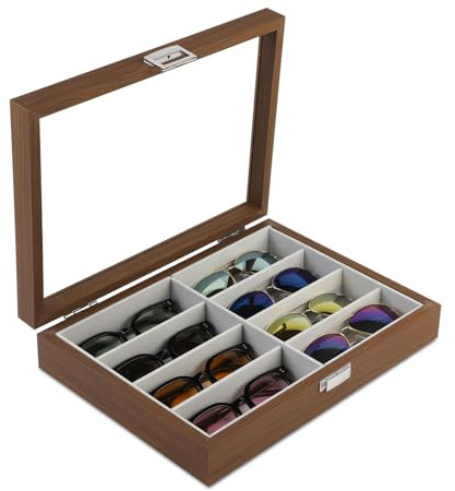 Baojulong Wooden Sunglasses Organizer Box, Eyewear Display Eyeglass Case for Men Women, Glasses Storage Box Sunglass Holder Gifts (8 Slots)