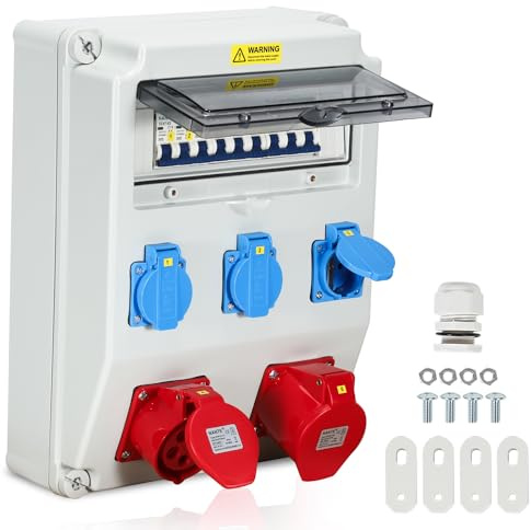 Cecaylie Distributore di corrente da cantiere, splitter a parete con 3 prese Schuko, prese 32A/16A, distribuzione di corrente con interruttore, per uso interno ed esterno