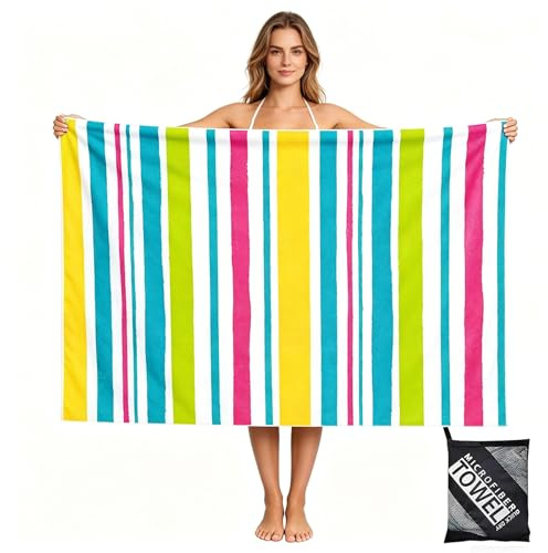 Large Quick Dry Microfibre Beach Towels for Adult,160X90cm Double Sides Pastel Stripe Bath Towel Travel Towels with Pocket,Lightweight Beach Towel for Women Men Sun Lounger Travel Swim Holiday Sport