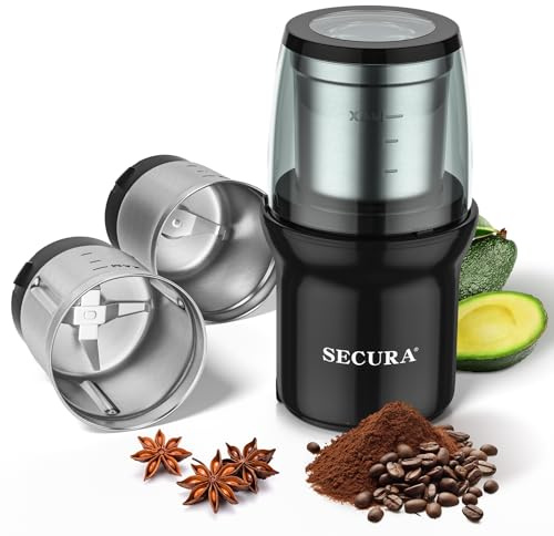 Secura Electric Coffee Grinder and Spice Grinder with Stainless Steel Blades, 2 Removable Bowls, Black