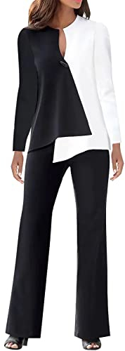 Byxdress dam elegant 2 delar svart: Bröllopsdräkt festdräkt lapptäcke långärmad tvådelad outfit v-ringad fritidsoverall klädset träningsoverall lounge set, Vit, XXL