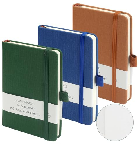 HOMEMARS libretas A6,Verde Azul Marrón, Notebook, Páginas Blancas, cuaderno pequeño, bloc de notas de 14,4 cm x 9,6 cm,192 páginas, cuaderno, cuaderno de bolsillo, diario de viaje,Paquete de 3