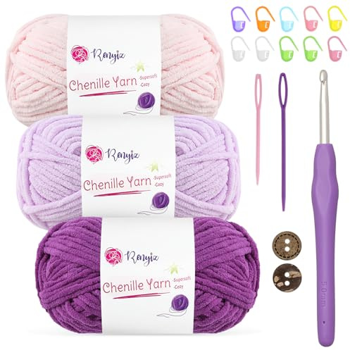 Chenille-garn Tjockt, fluffigt babyfilt-garn 3 x 50 g mjuk ull virkad krok Amigurumi för nybörjare (lila-3)
