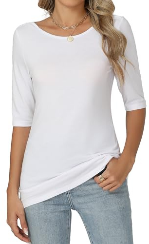 Famrrifuu Maglia Mezza Manica Donna Collo Rotondo Maglietta Elegante Basic Top Leggero Bluse Estivo Primavera T-Shirt, Bianco, L