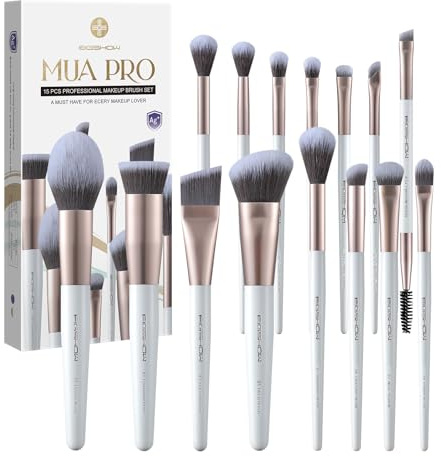EIGSHOW Makeup Brush Set,15 Piece MUA PRO Series Professional Makeup Brushes with Silver Ion Infused Bristles for Foundation,Powder,Blush,Concealer,Eyeliner–Travel Gift Set(Champagne Gold)