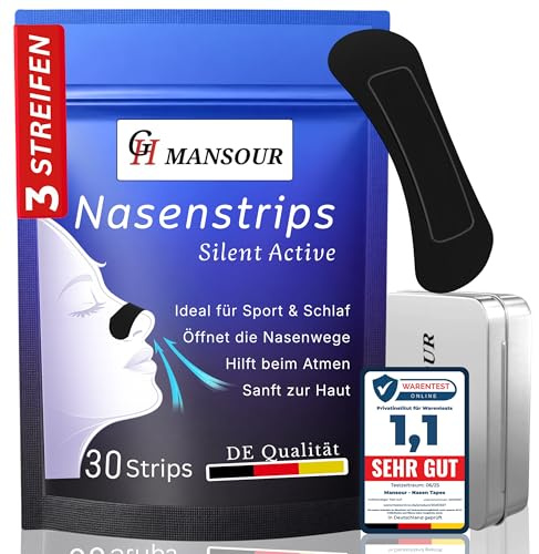 30x Premium Medizinische Latexfreie Nasenpflaster Schwarz Nasenstrips gegen Schnarchen besser Atmen bei einer verstopften Nase Nasal Strips Extra stark für Sport und besseren Schlaf