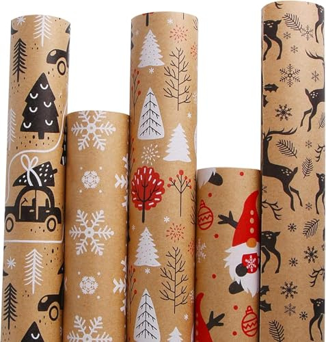 SULOLI Papel de Regalo Navideño Kraft Amarillo，5 Rollos de Papel de Navidad，Envolver Regalos Papeles Craft para Regalo，Bodas，Decoración Festiva（5 Estlios）