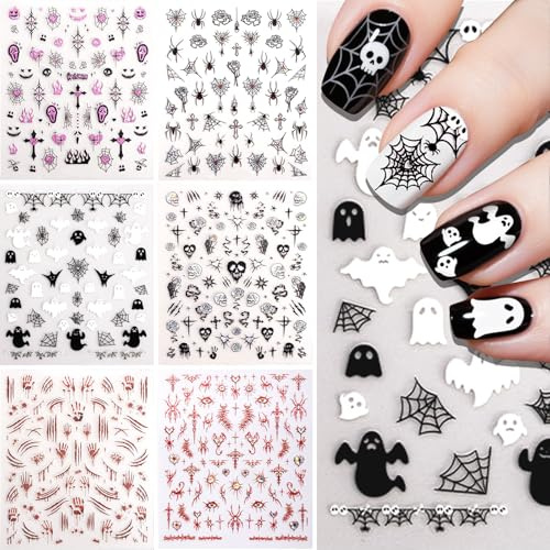 FOSDICK 6 ark nagelklistermärken halloween, självhäftande halloween nagelklistermärken, halloween nagelklistermärken, halloween klistermärken naglar, spöke fladdermus spindelnät skelett gör-det-själv