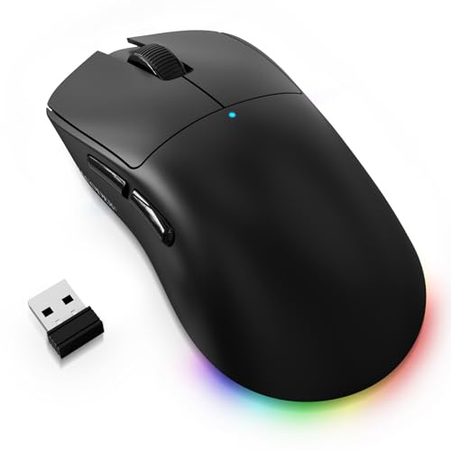 A.JAZZ NJ08 Ratón Gaming Inalámbrico Trimodo, 1000Hz 70g Ligero, PC Mouse Ergonómico Mediano-Grande, 12800 dpi 6 Niveles, Bluetooth/2.4G/USB-C, RGB Recargable para Laptop/Mac - Negro