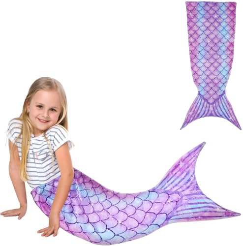 Lotusland Kids Mermaid Tail Blanket, Wearable Mermaid Blanket Super Soft Flannel Fish Scale Snuggle Bags All Seasons for Girls Christmas, Birthday (Purple)