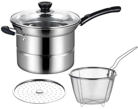 Olla con cesta – Ollas profesionales multifuncionales de acero inoxidable con tapa ventilada, herramienta de cocina para freír patatas fritas, mariscos, cebollas