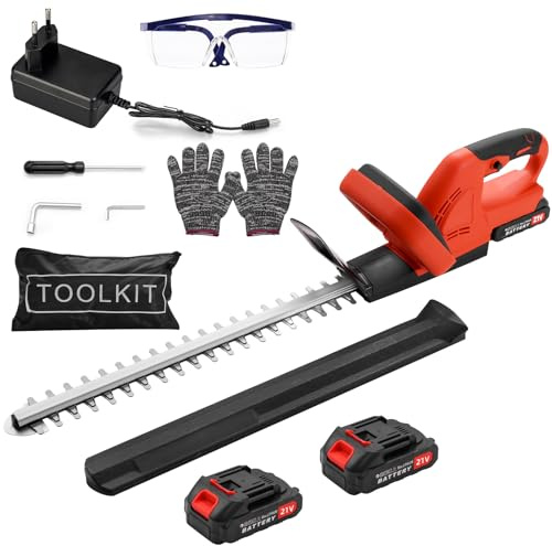 Tagliasiepi a batteria, 21 V, tagliasiepi leggero e compatto, con 2 batterie da 3000 mAh e caricabatterie, lama da 51 cm, tagliasiepi a batteria per tagliare arbusti da giardino