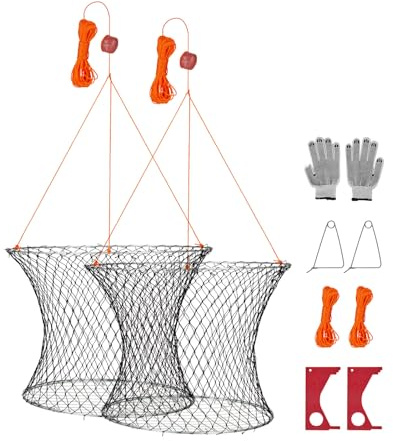 VEVOR Double Ring Crab Trap, 24 inch Top, 20 inch Bottom, Two Rings Crab Kit, Foldable Fishing Net with Gauge, 60 ft Rope, Wire Grid Bottom, Rock and Blue Crab, Dock & Pier Crabbing, 2 Set