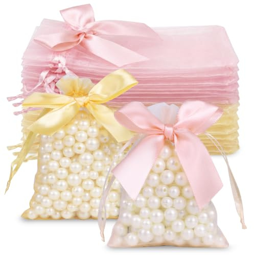 YiiHHooN 40 Piezas de Bolsas de Organza con Cordón, Bolsas de Organza Rosas y Doradas 9x12cm con Lazo, Bolsitas de Organza para Regalos Pequeños Bodas Fiestas Joyas y Decoración