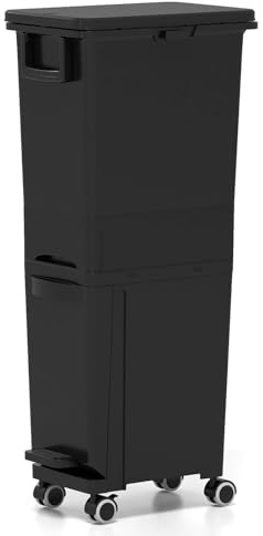 TANGZON Recycling Bins for Kitchen, Vertical Rubbish Waste Separation System with Middle Drawer, Classification Stickers, Handle & Wheels, 30L 3 Compartments Trash Can Garbage Bin (Black)