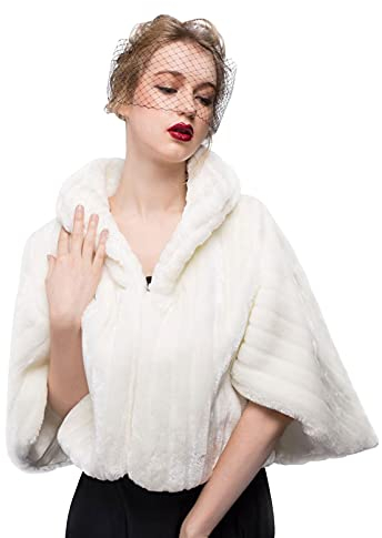 BEAUTELICATE Kunstpelz Bolero Cape Schal Damen Elfenbein Hochzeit Winter Braut Abend Brautschal Brautjacke, Elfenbein,