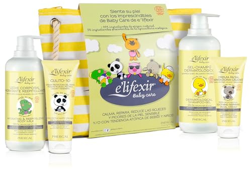 Elifexir Baby Care | Geschenkset für Babys | Dermatologisches Shampoo-Gel (500 ml) + Feuchtigkeitsspendende Körpermilch (400 ml) + Windelcreme (75 ml) + Gesichtscreme (50 ml) + Beauty Case