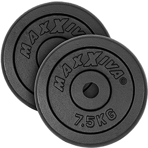 MAXXIVA Hantelscheiben 2er Set Gewichtsplatte je 7,5 kg Gusseisen schwarz 15 kg Fitness Krafttraining Bodybuilding Workout Gewichtheben Reha